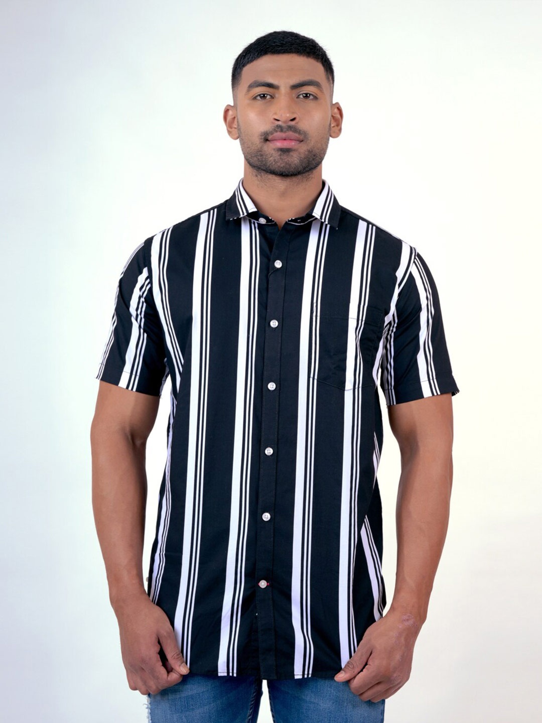 

Pontiac Striped Spread Collar Opaque Casual Shirt, Black