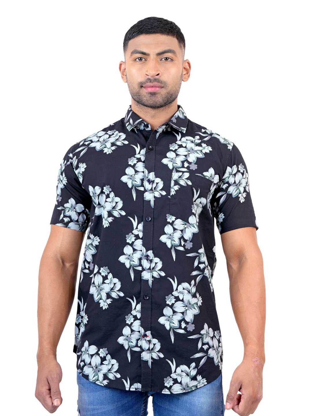 

Pontiac Floral Printed Cotton Casual Shirt, Black