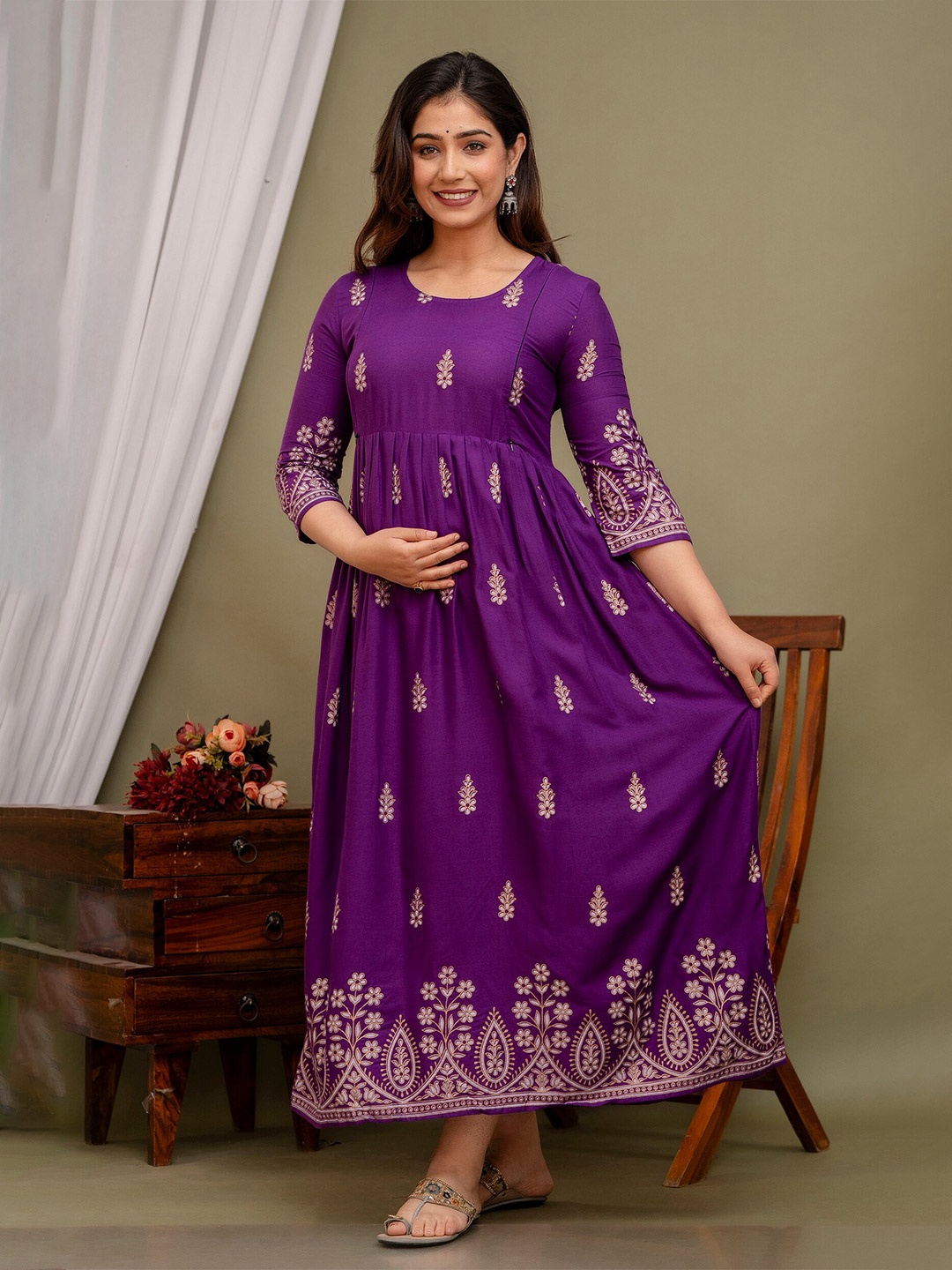 

Mialo fashion Ethnic Motifs Printed Round Neck Pleated A-Line Maternity Dress, Purple