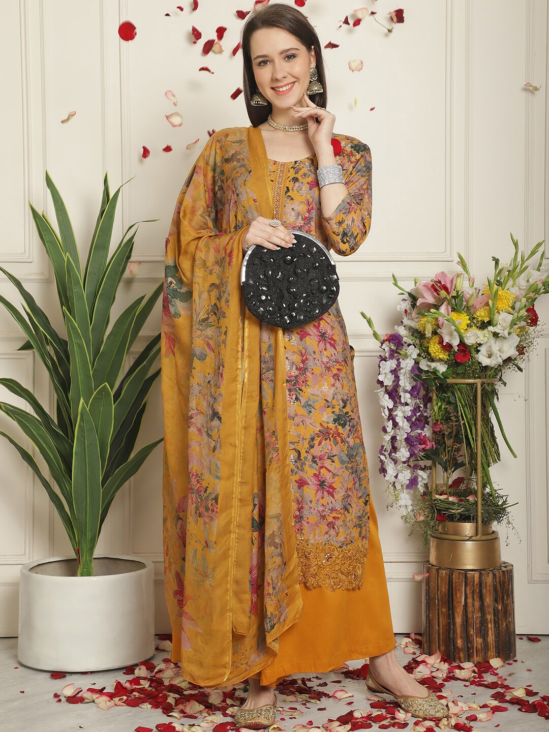 

Stylee LIFESTYLE Floral Printed Unstitched Dress Material, Mustard