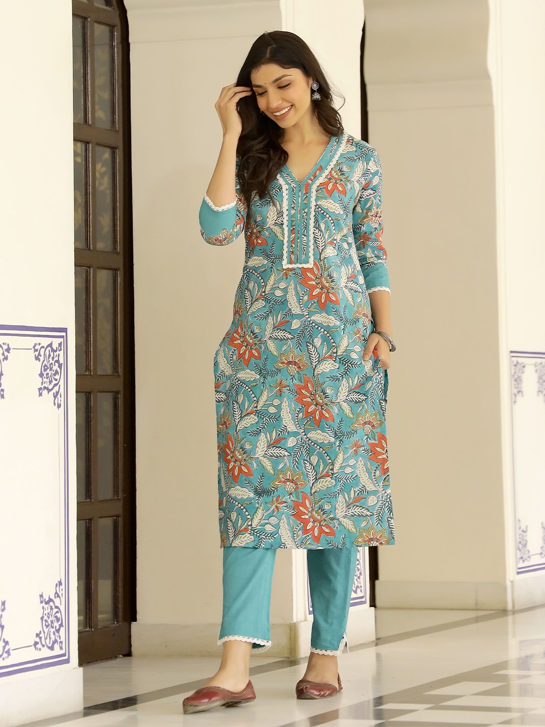 

Lirose Floral Printed Pure Cotton Straight Kurta With Trouser, Teal