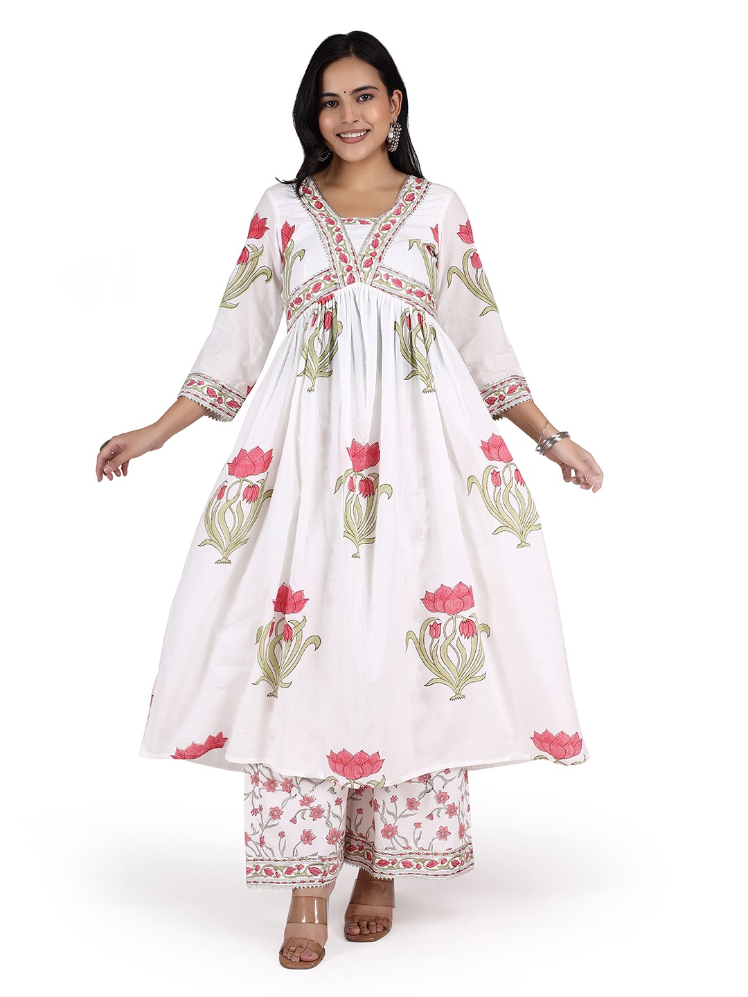 

Lirose Floral Printed Pure Cotton Empire Anarkali Kurta With Palazzo, White