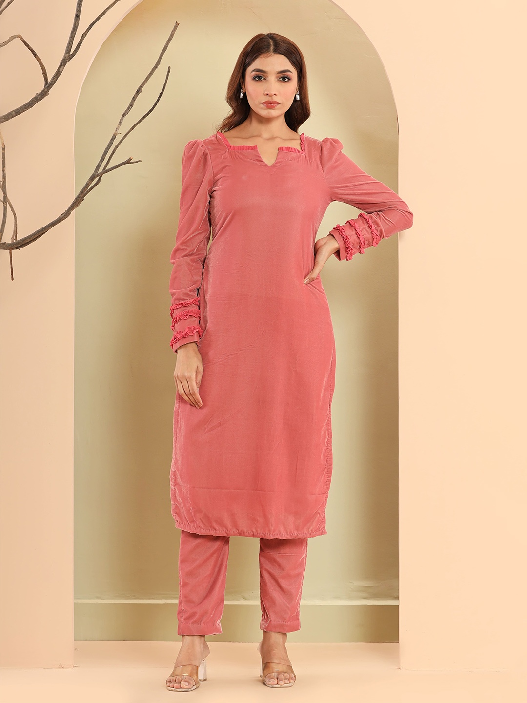 

Lirose Regular V-Neck Straight Side Slits Kurti With Trouser, Pink