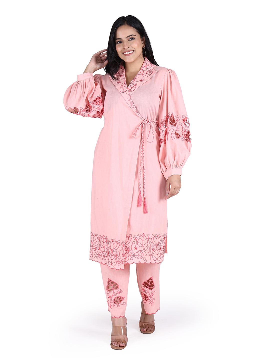 

Lirose Embroidered Shawl Collar Pure Cotton Angrakha Kurta With Trouser, Peach