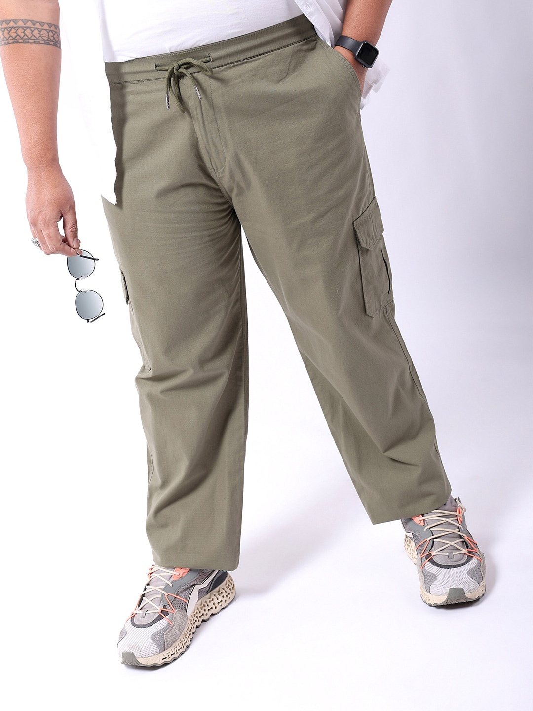 

HARDSODA Men Plus Size Mid-Rise Pure Cotton Cargos, Olive