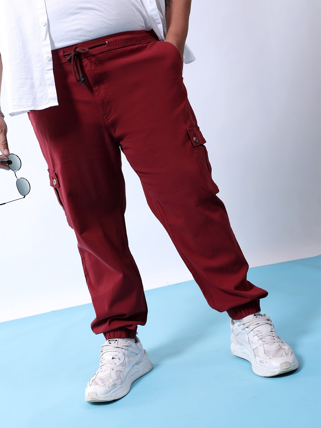 

Hardsoda by The Indian Garage Co Plus Size Men Mid Rise Cargo Trousers, Red