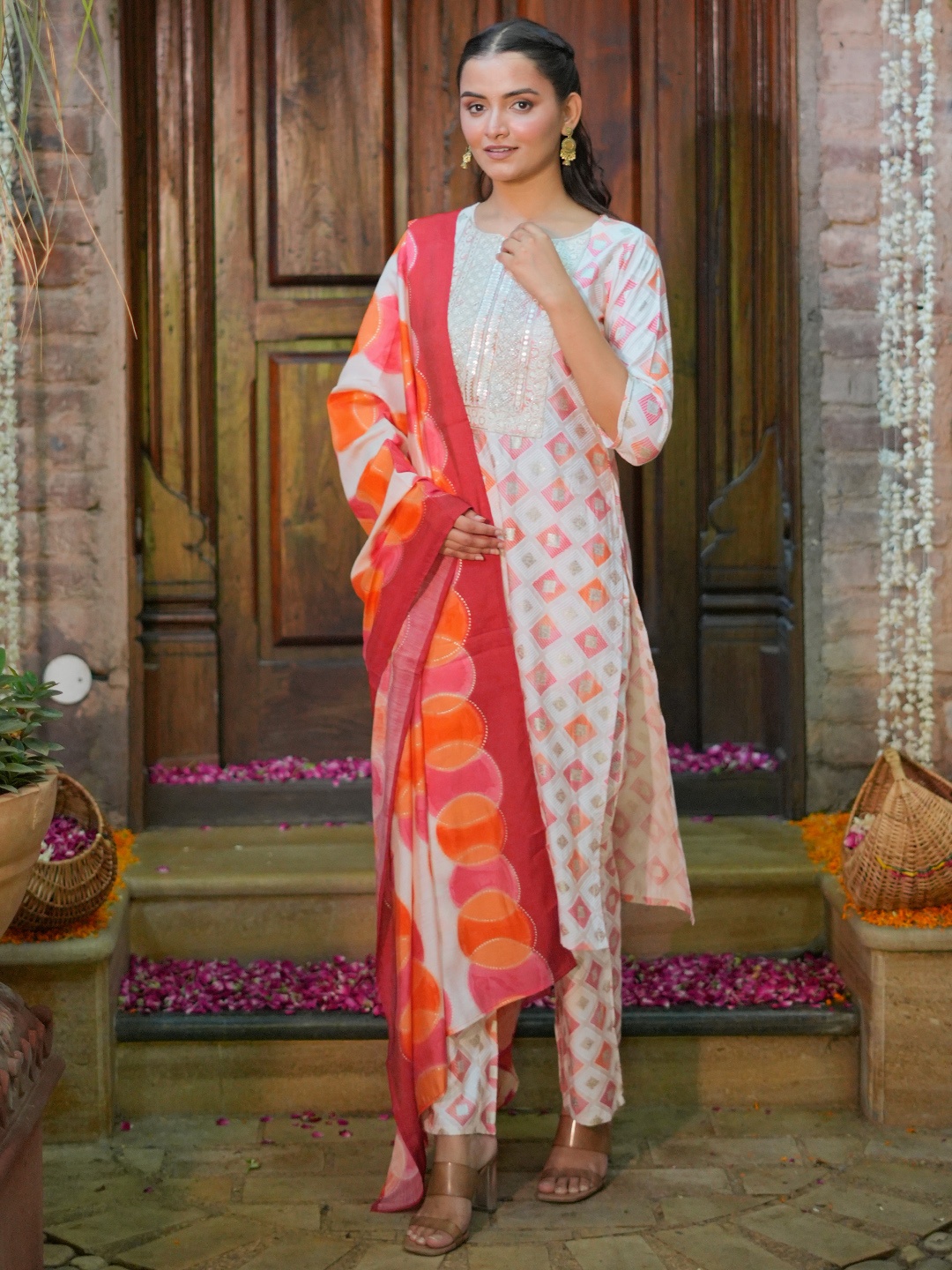 

Libas Printed Regular Sequinned Kurta with Trousers & Dupatta, Off white