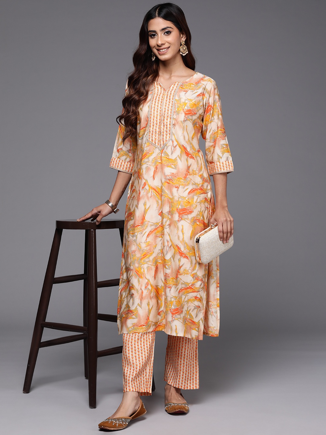 

Libas Floral Printed Gotta Patti Kurta with Palazzos, Yellow
