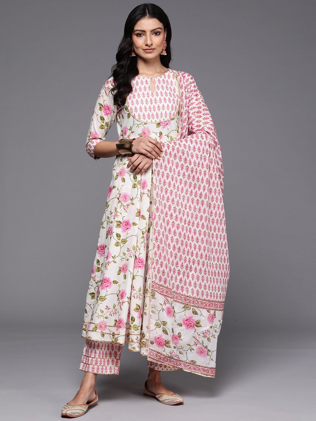 

Libas Floral Printed Pleated Gotta Patti Pure Cotton Kurta with Trousers & Dupatta, Off white