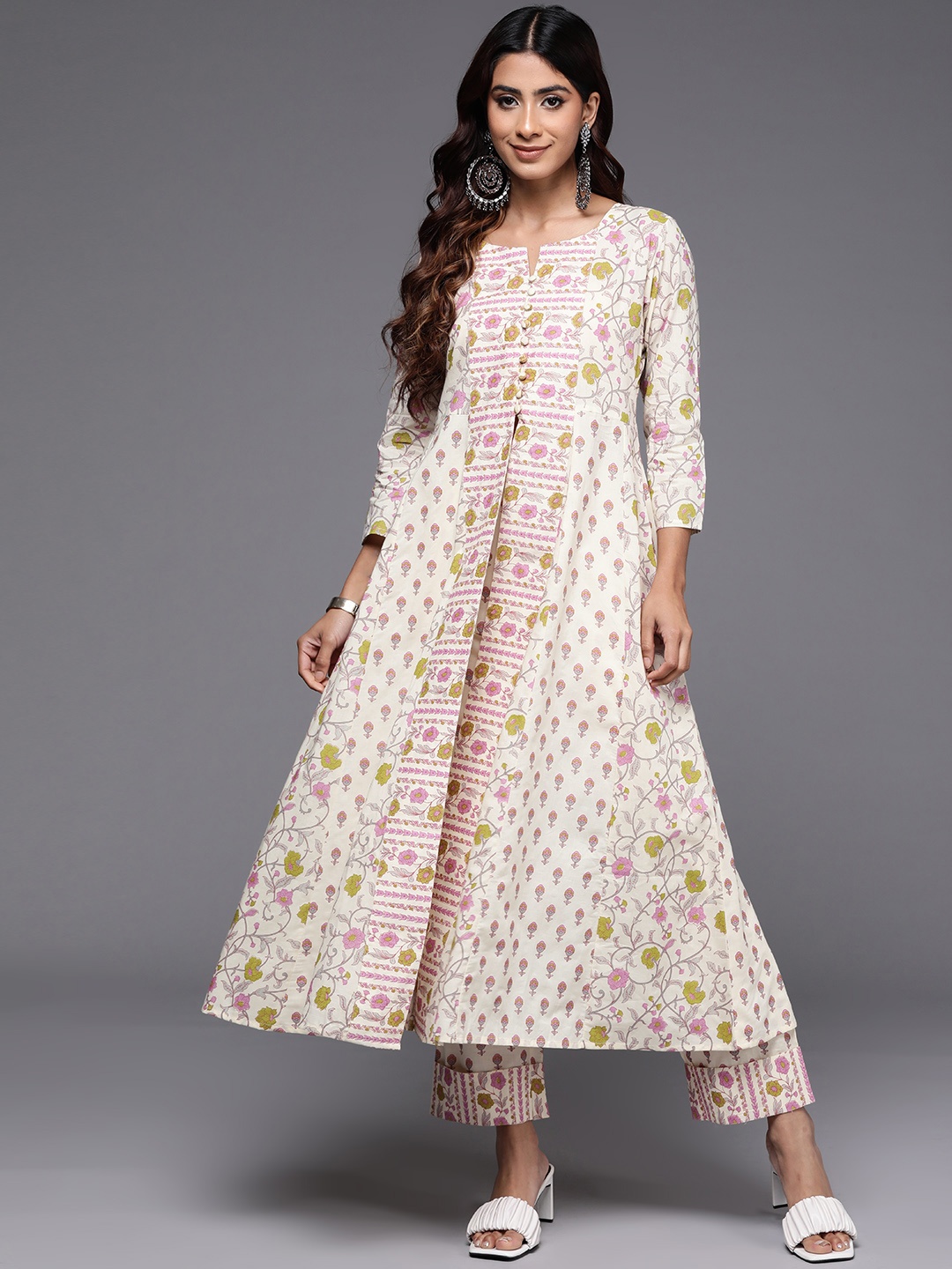

Libas Floral Printed Regular Pure Cotton Kurta with Trousers, Off white