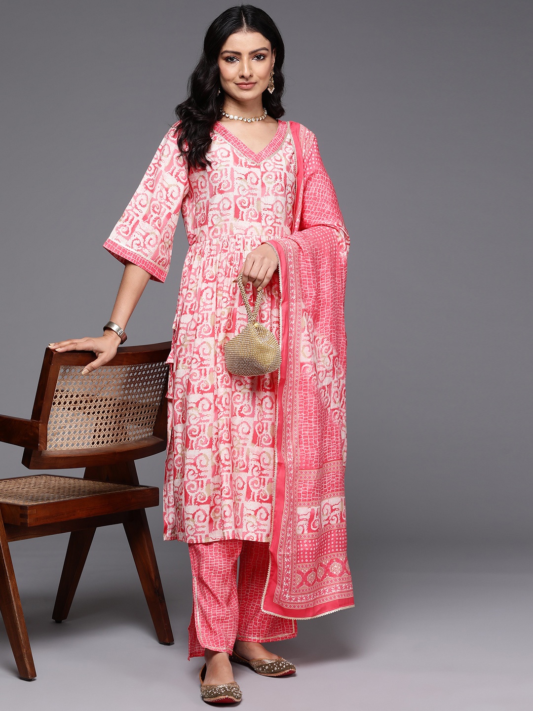 

Libas Printed Pleated Gotta Patti Kurta with Palazzos & Dupatta, Peach