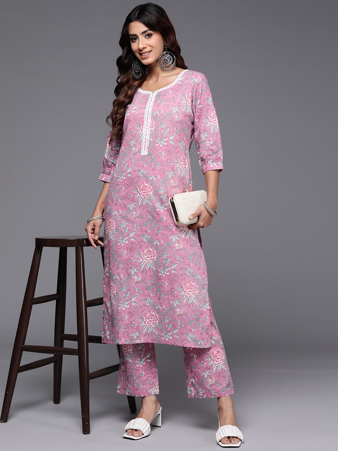 

Libas Floral Printed Regular Pure Cotton Kurta with Trousers, Pink