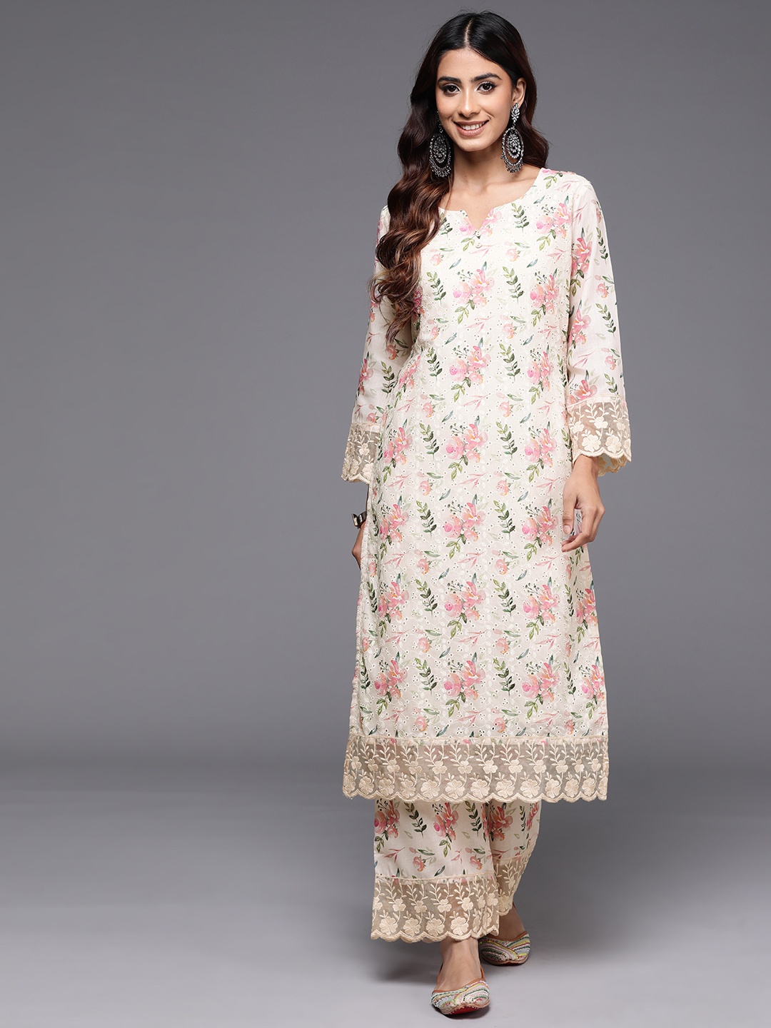 

Libas Floral Printed Thread Work Kurta with Palazzos, Beige