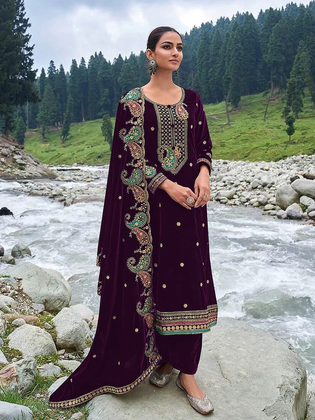 

KALINI Floral Embroidered Velvet Unstitched Dress Material, Purple