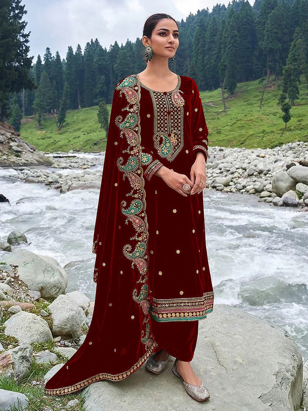 

KALINI Embroidered Velvet Unstitched Dress Material, Maroon