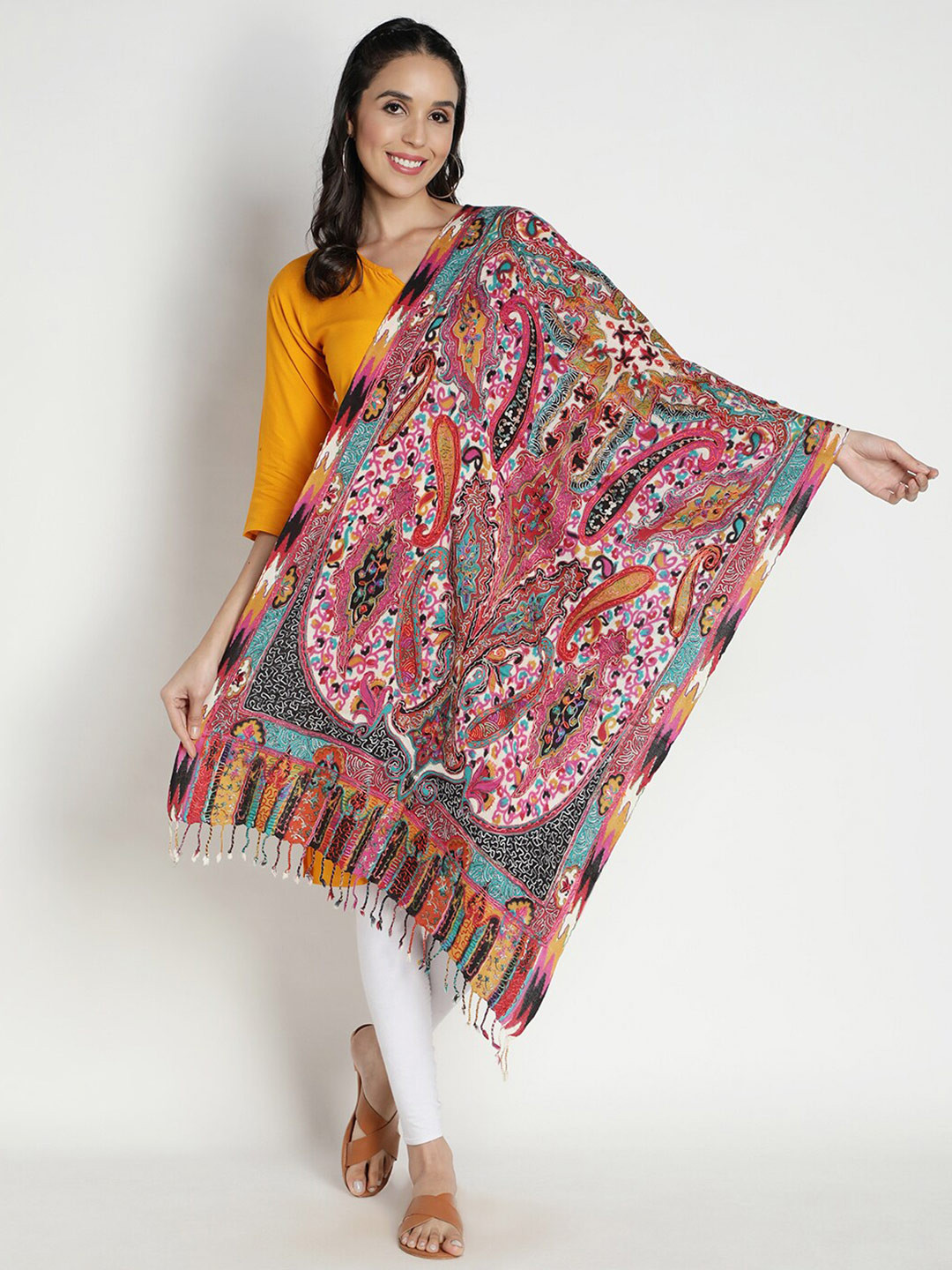 

Moda Chales Women Ethnic Motifs Embroidered Pure Wool Shawl, Red