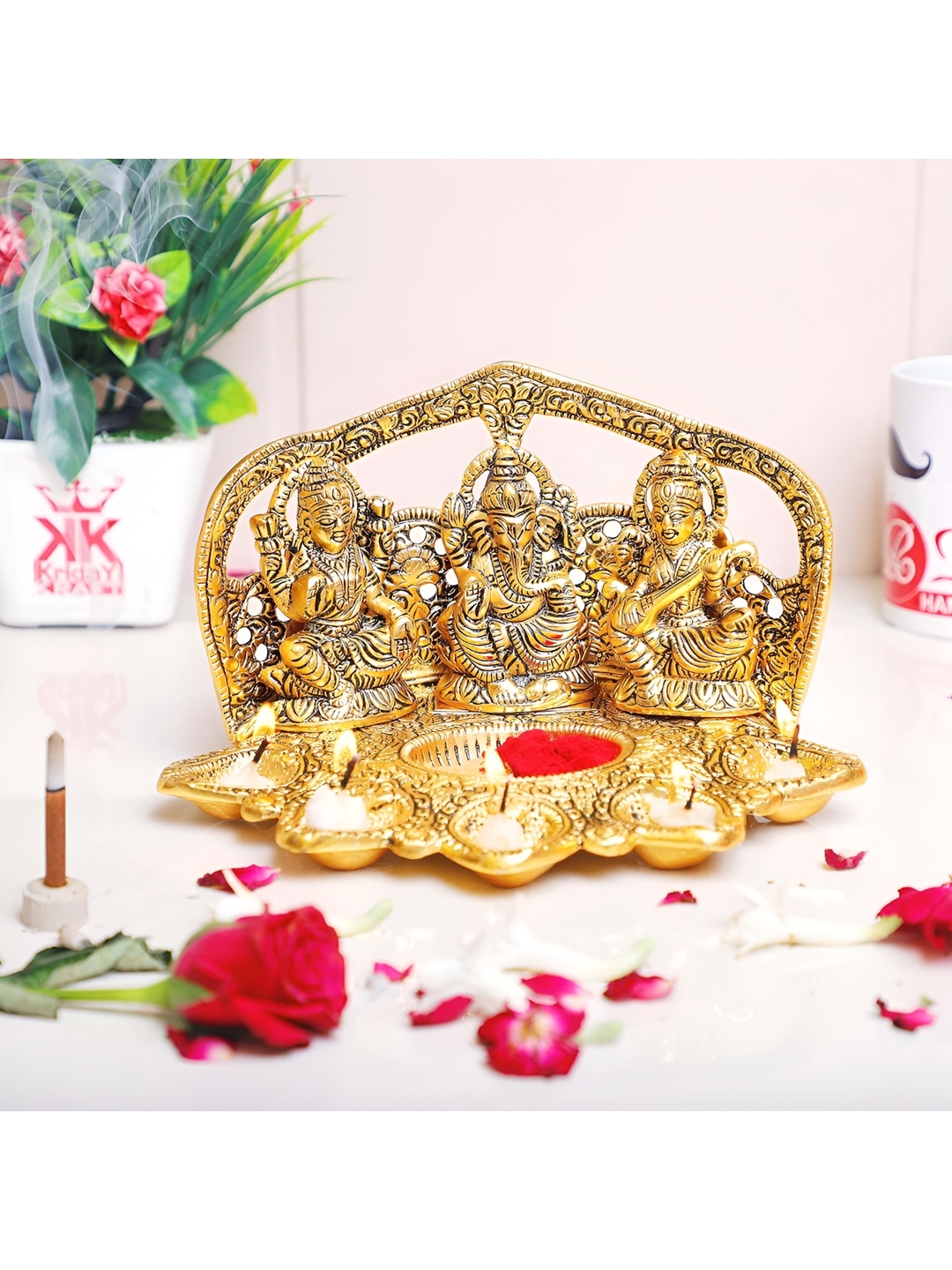 

Kridaykraft Gold-Toned laxmi Ganesha Saraswati Diya Showpiece