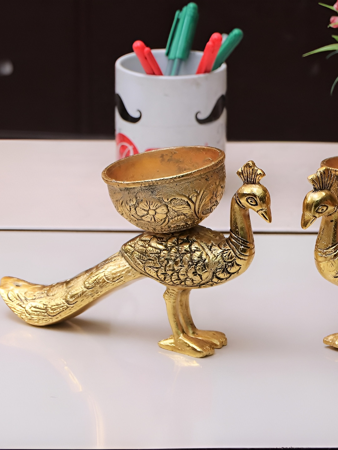 

Kridaykraft Gold-Toned 2 Pieces Metal Small Peacock Showpiece