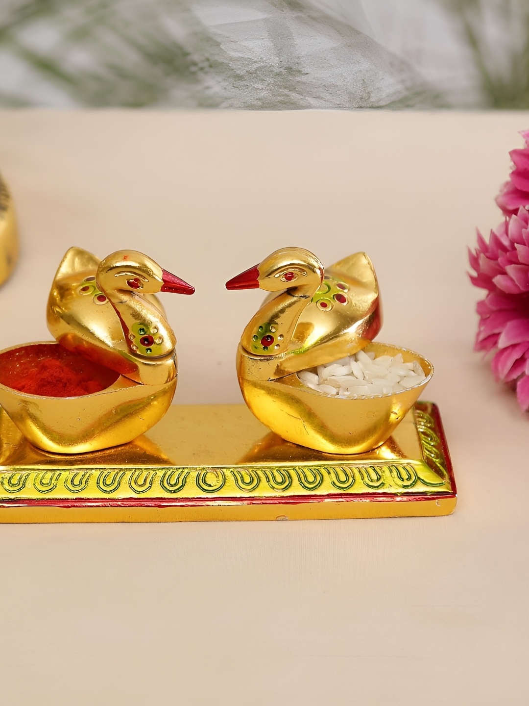 

Kridaykraft Gold-Toned & Red Metal Small Double Duck Stand Showpiece