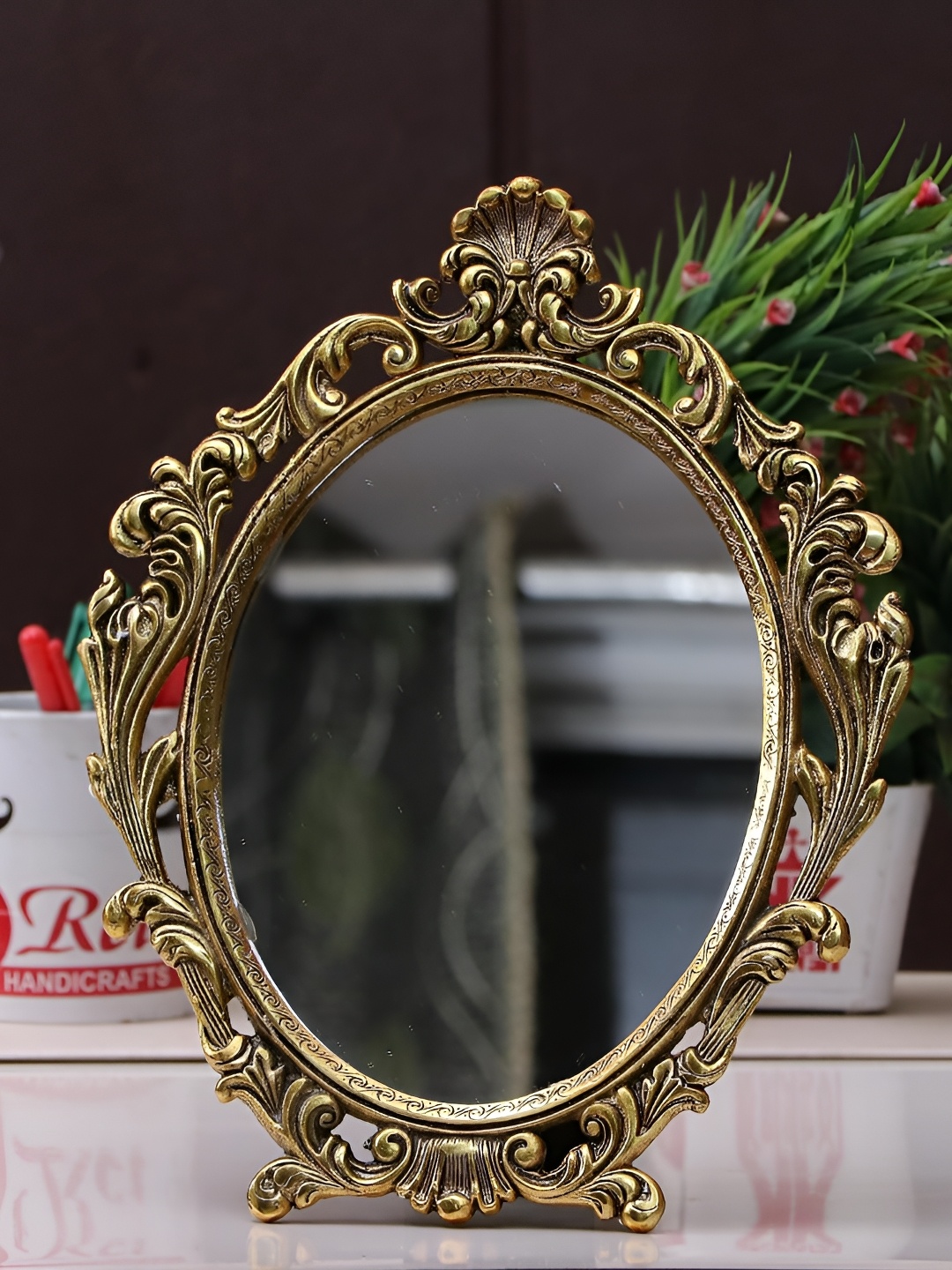 

Kridaykraft Gold Toned Antique Table Top Makeup Mirror