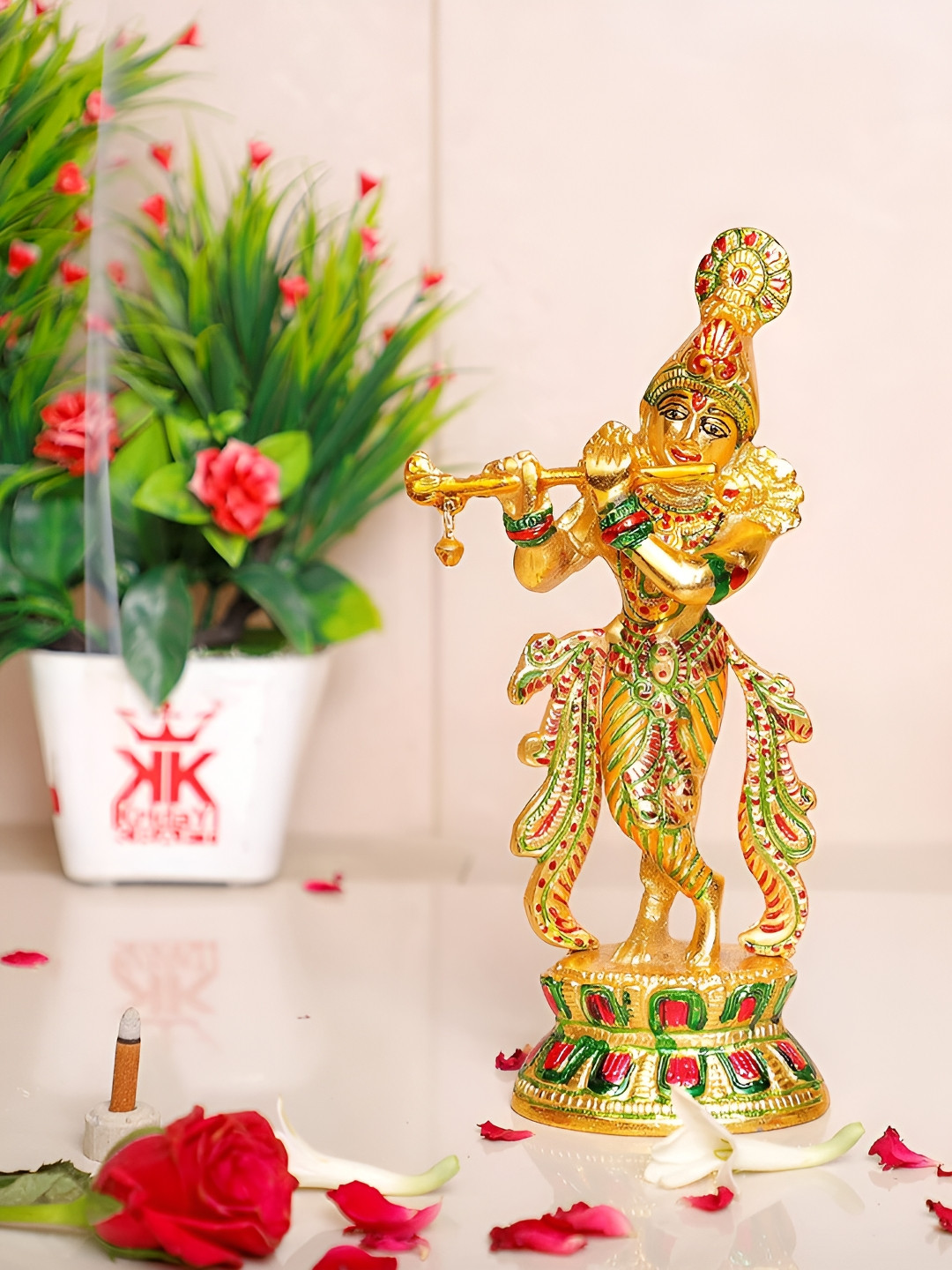 

Kridaykraft Gold-Toned & Red Metal Small Krishna Flute Idol Showpiece