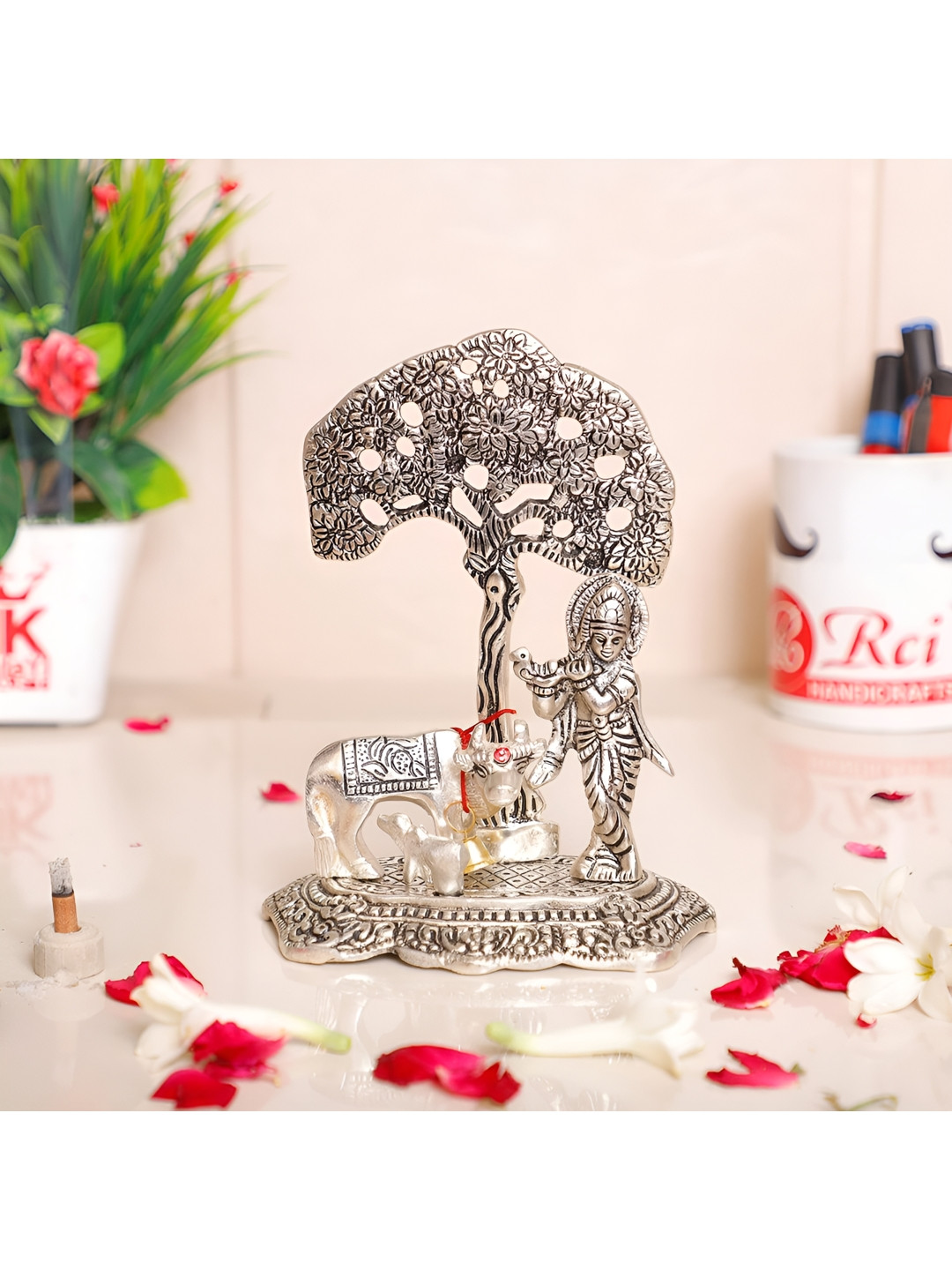

Kridaykraft Silver Toned Sri Krishna With Kamadhenu Religious Idol Showpiece