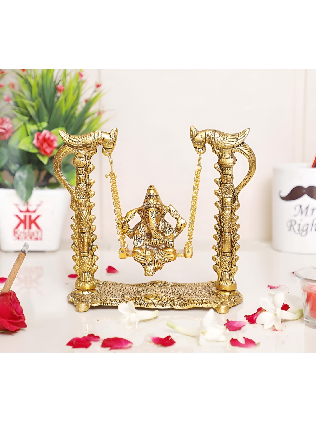 

Kridaykraft Gold-Toned Metal Small Ganesha On Swing Jhula Idol Showpiece