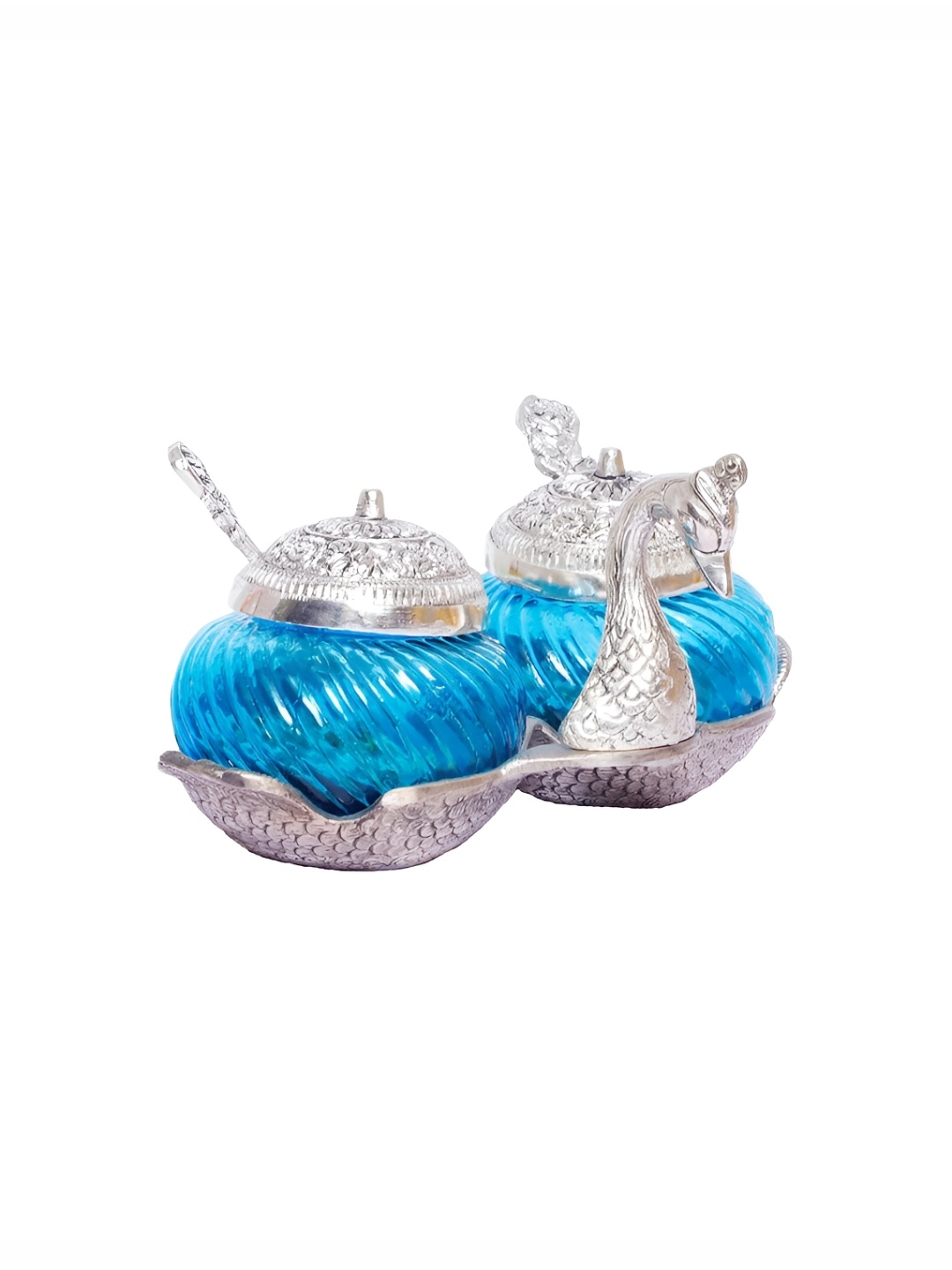 

Kridaykraft Metal Double Duck Shape Glass Bowl with Spoon Showpiece, Silver