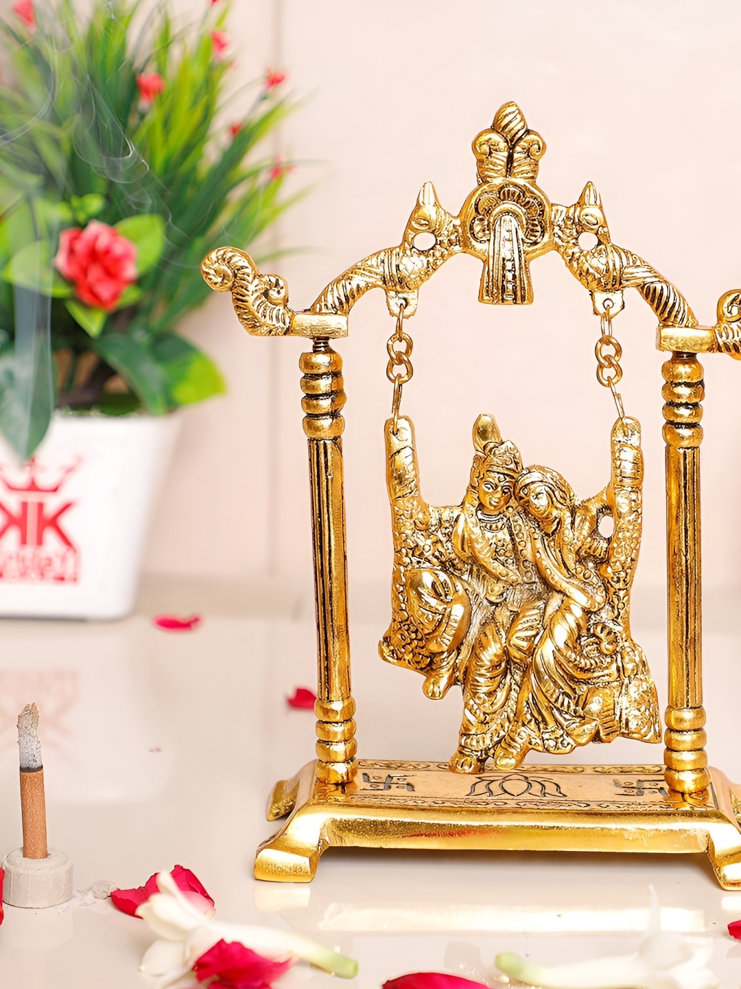 

Kridaykraft Gold-Toned Metal Small Radha Krishna Jhula Showpiece