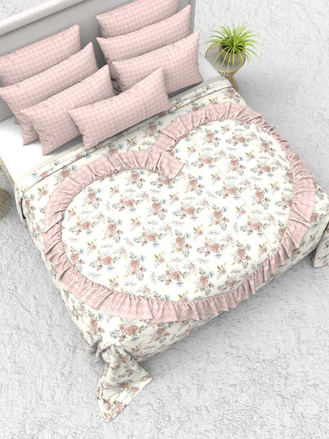 

THE WHITE MOSS White & Pink Floral Printed Double Queen Bedsheet Set