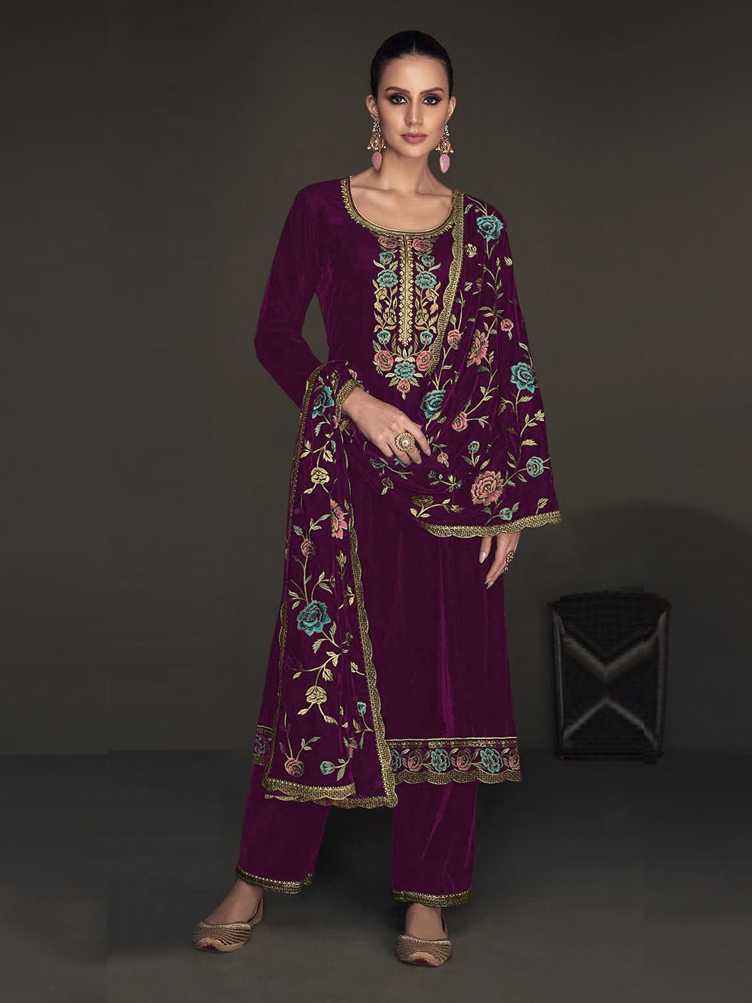 

KALINI Ethnic Motifs Embroidered Thread Work Detailed Velvet Unstitched Dress Material, Purple