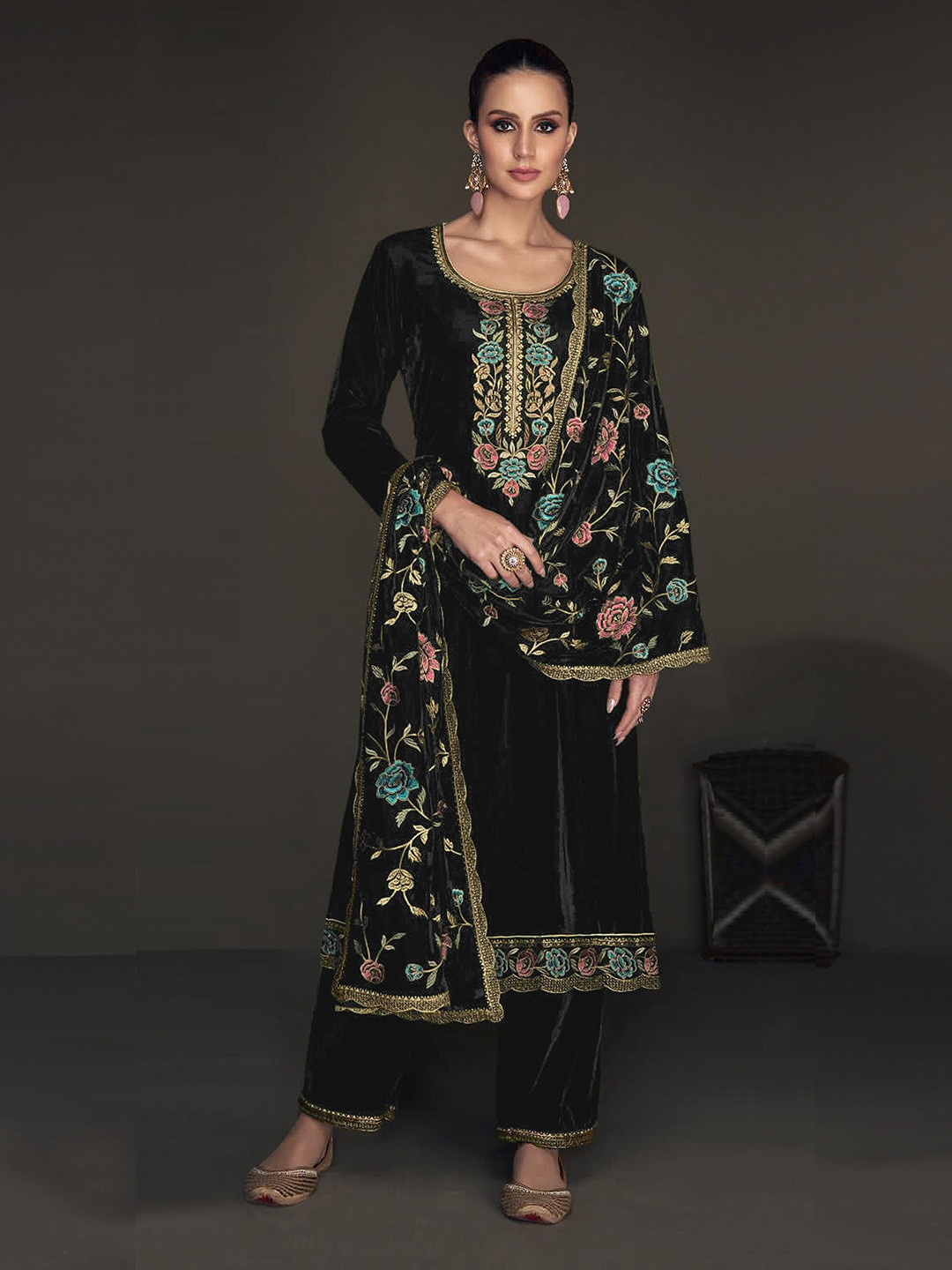 

KALINI Ethnic Motifs Embroidered Thread Work Detailed Velvet Unstitched Dress Material, Black