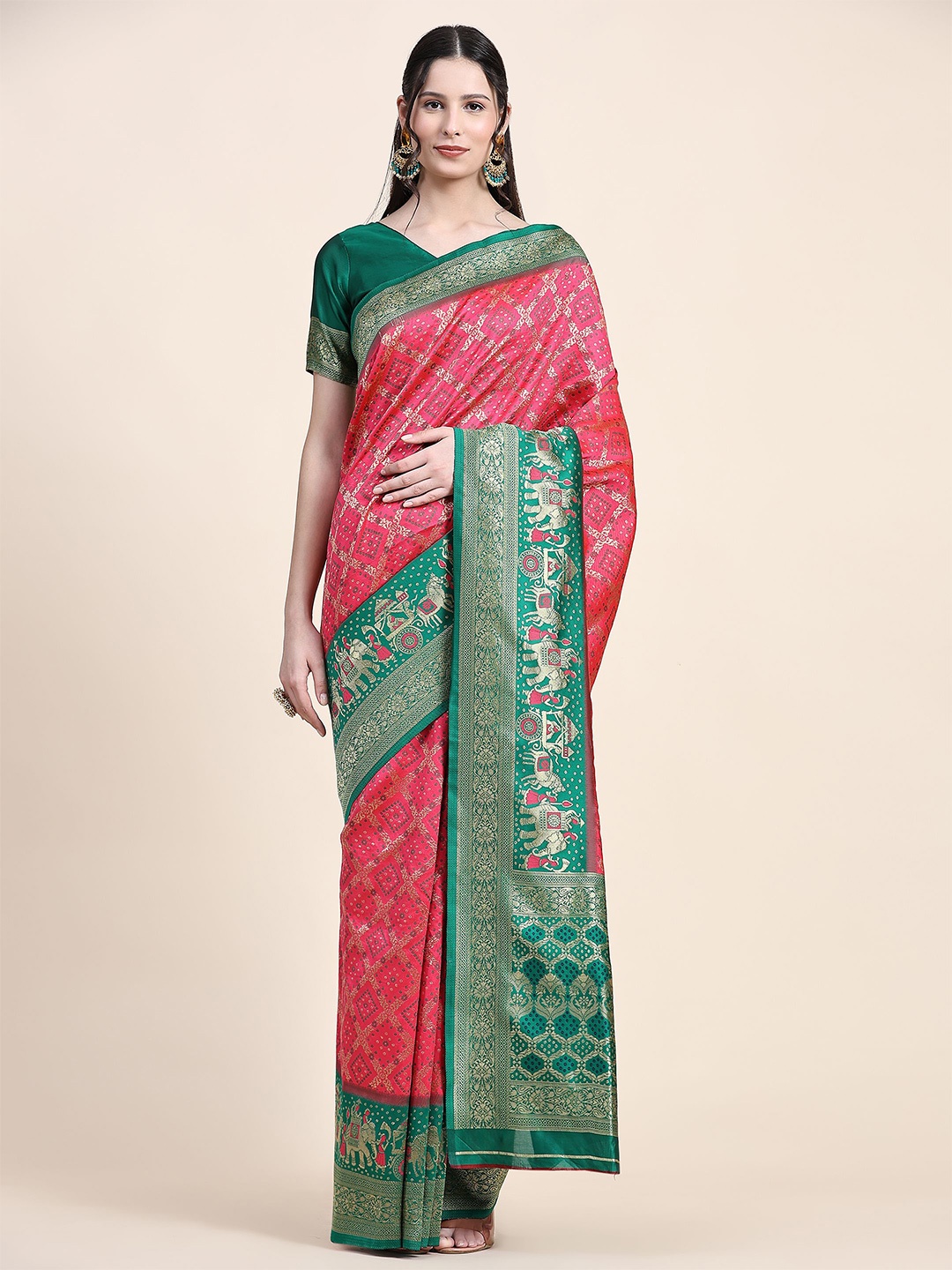 

NIWAA Woven Design Zari Silk Cotton Patola Saree, Pink
