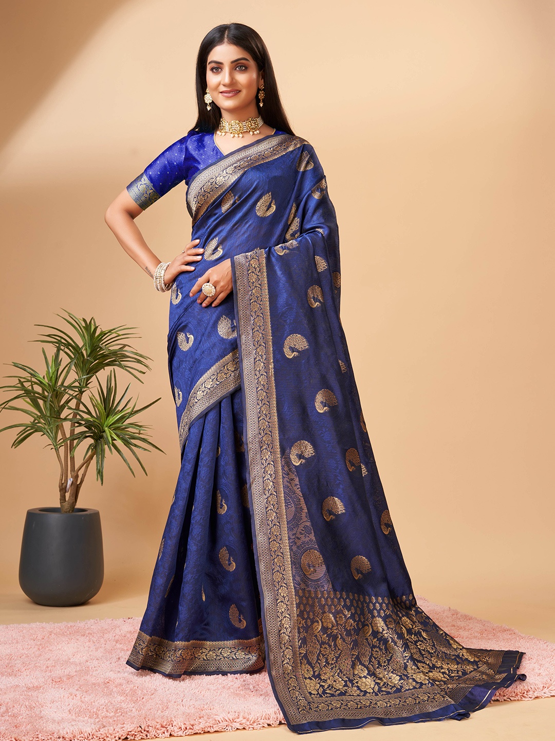 

NIWAA Woven Design Zari Silk Cotton Banarasi Saree, Navy blue