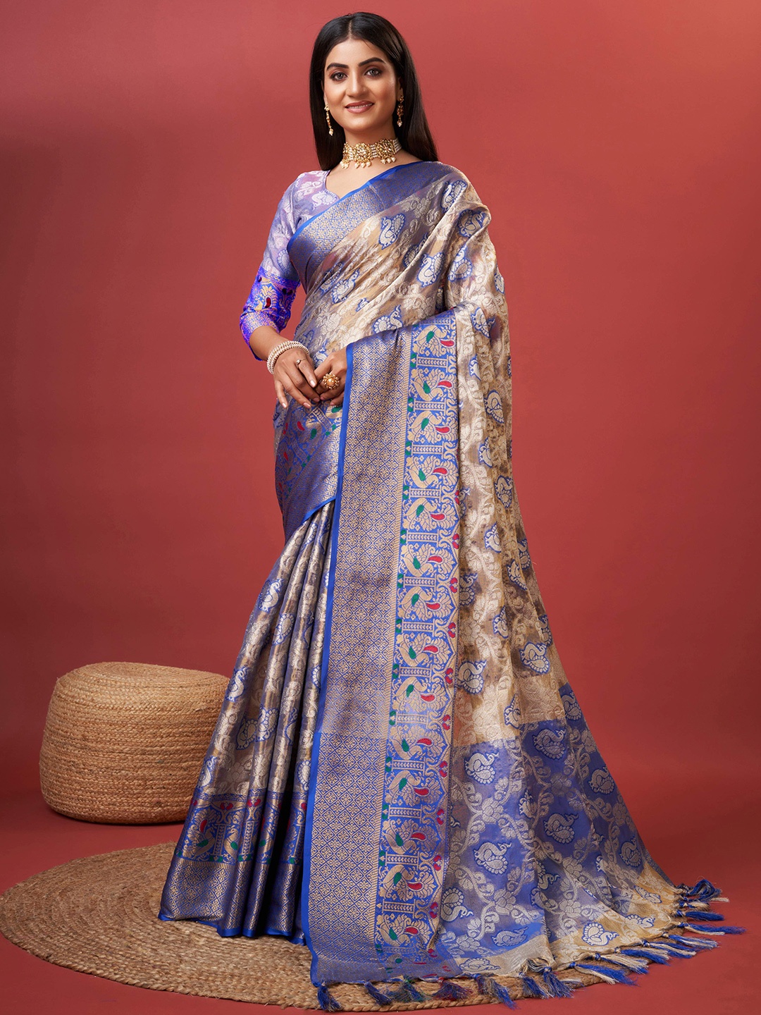 

NIWAA Woven Design Zari Silk Cotton Banarasi Saree, Blue