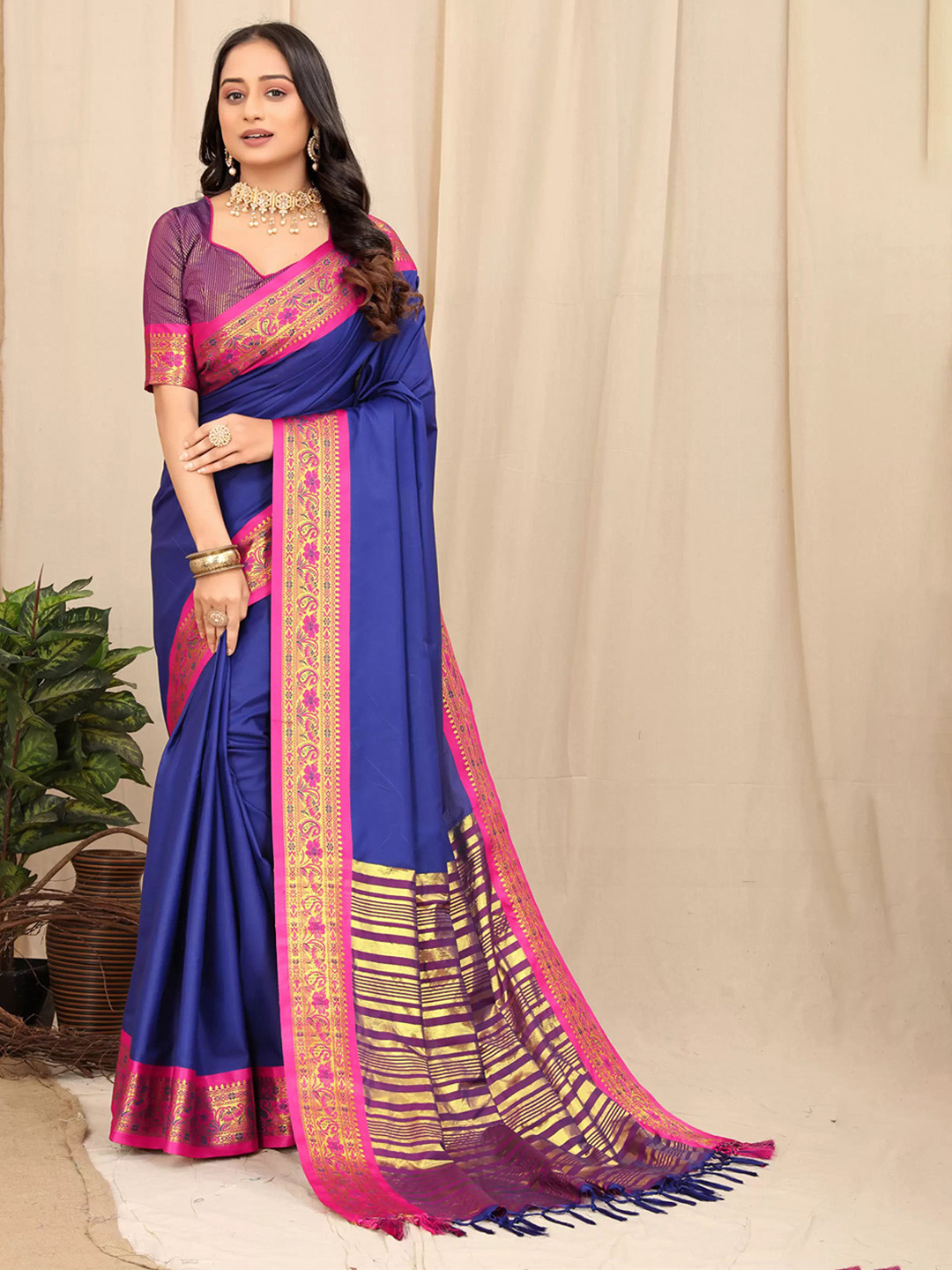 

NIWAA Woven Design Zari Silk Cotton Banarasi Saree, Blue