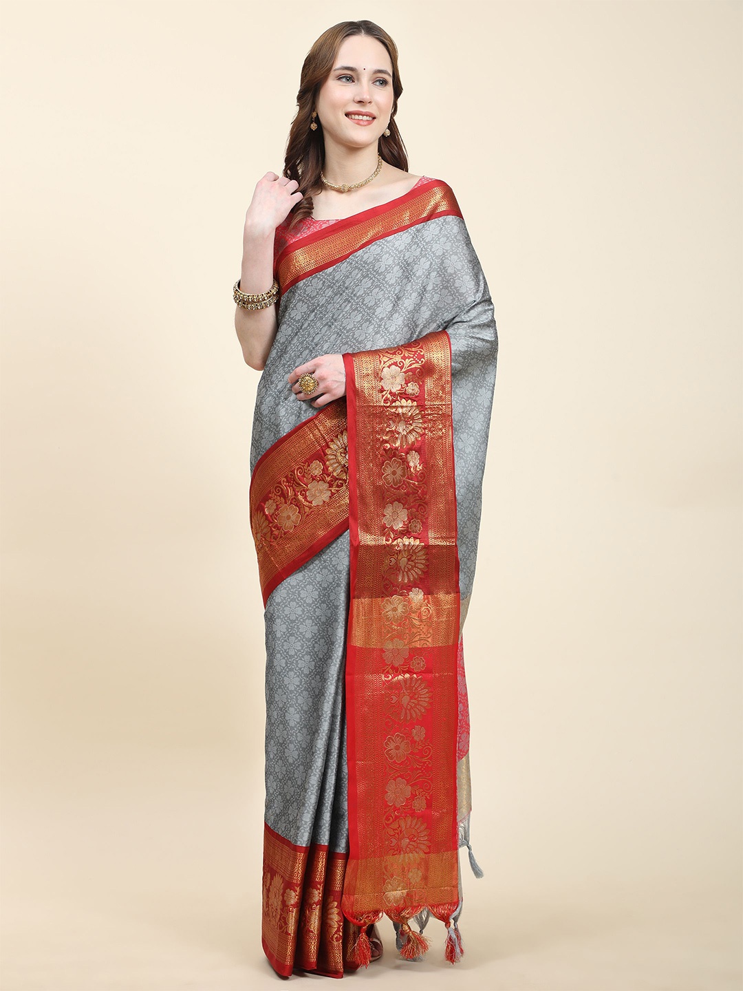 

NIWAA Woven Design Zari Silk Cotton Banarasi Saree, Grey