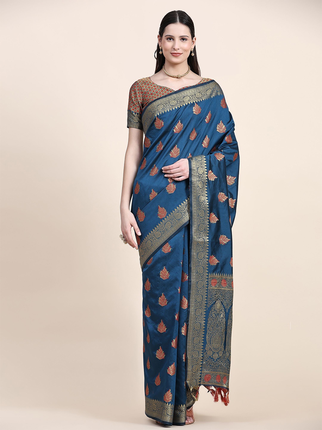 

NIWAA Woven Design Zari Silk Cotton Banarasi Saree, Blue