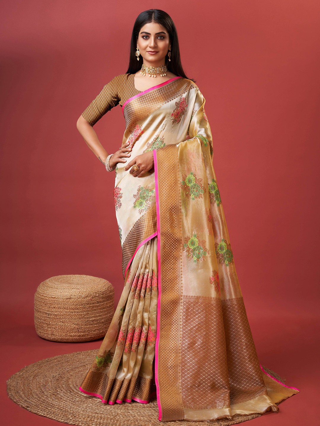 

NIWAA Woven Design Zari Silk Cotton Banarasi Saree, Gold