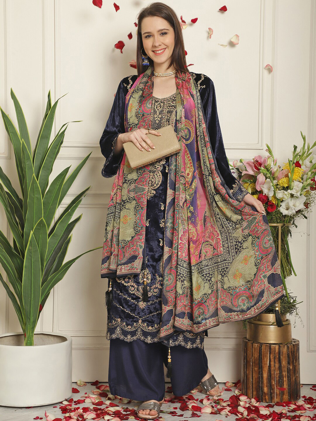 

Stylee LIFESTYLE Ethnic Embroidered Unstitched Dress Material, Navy blue