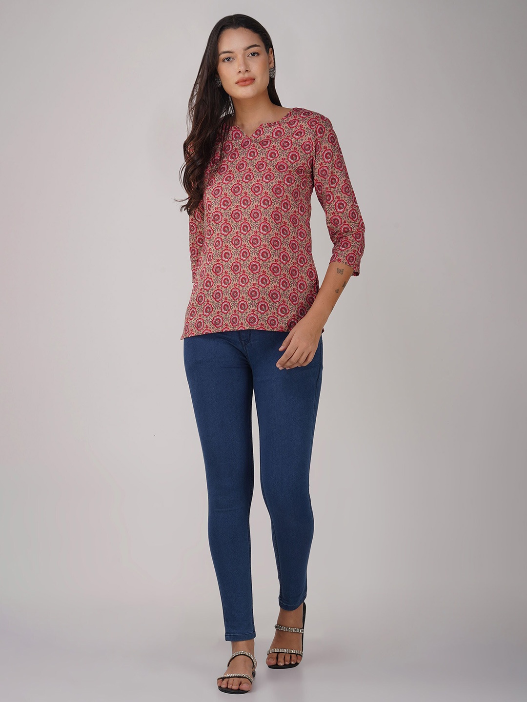 

SPARSA Ethnic Motifs Printed Notch Neck Opaque Cotton Top, Peach