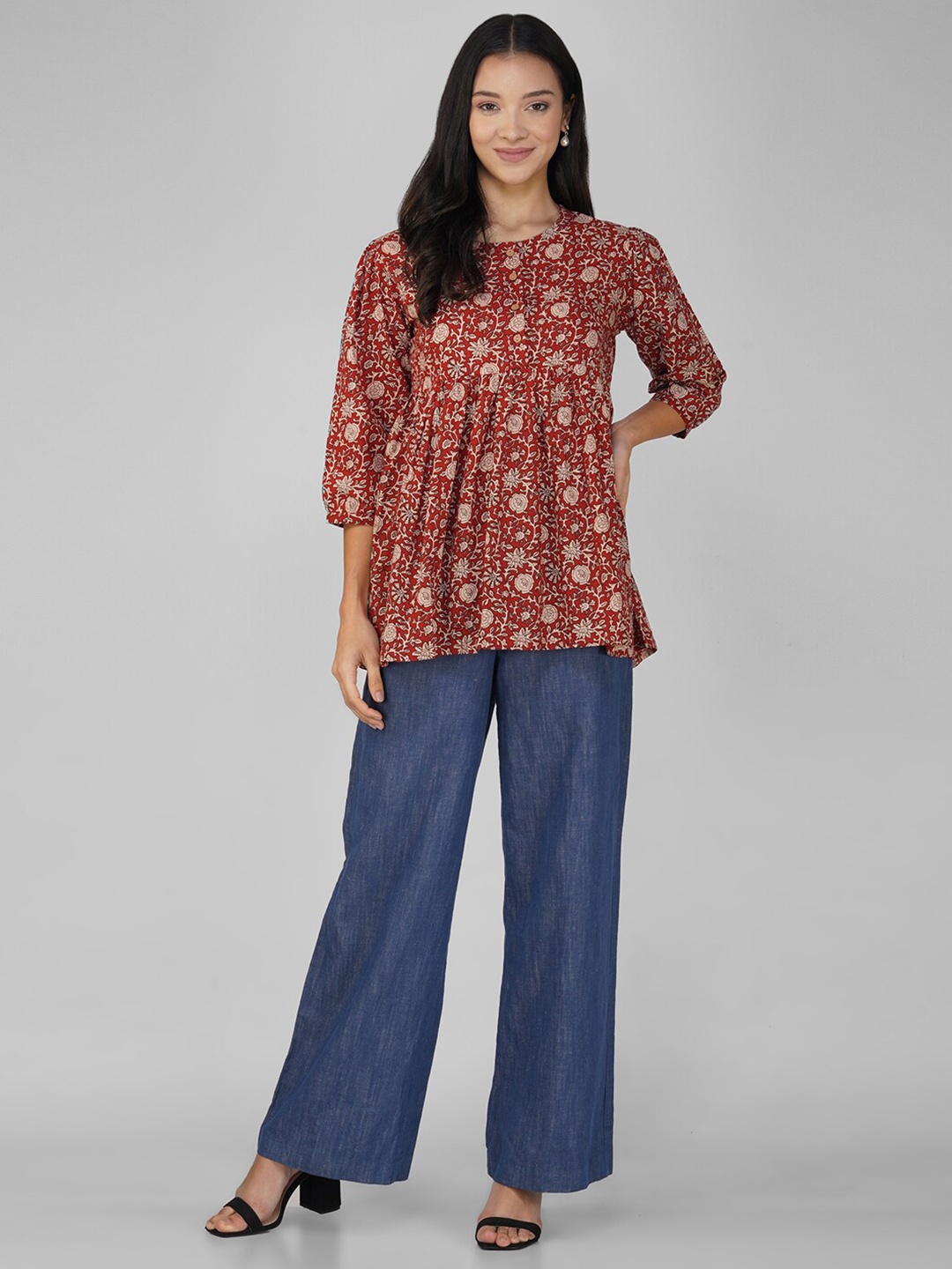 

SPARSA Floral Printed Round Neck Puff Sleeve Cotton Top, Maroon