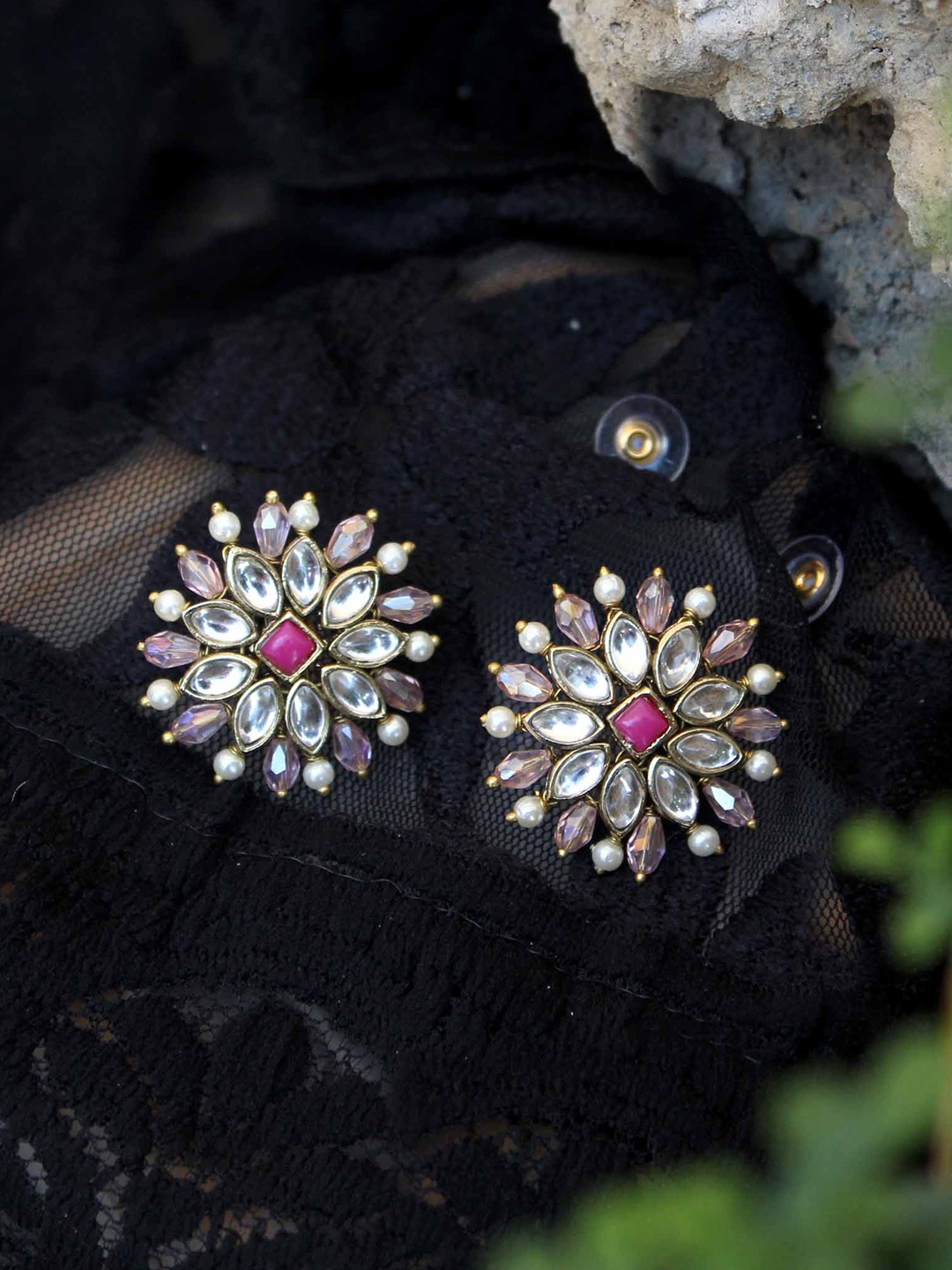 

BeAbhika Stone-Studded Circular Studs Earrings, Gold