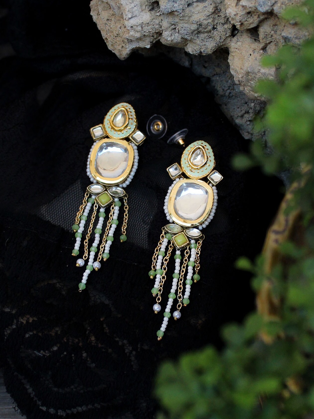 

BeAbhika Stone Studded Beaded Circular Drop Earrings, White