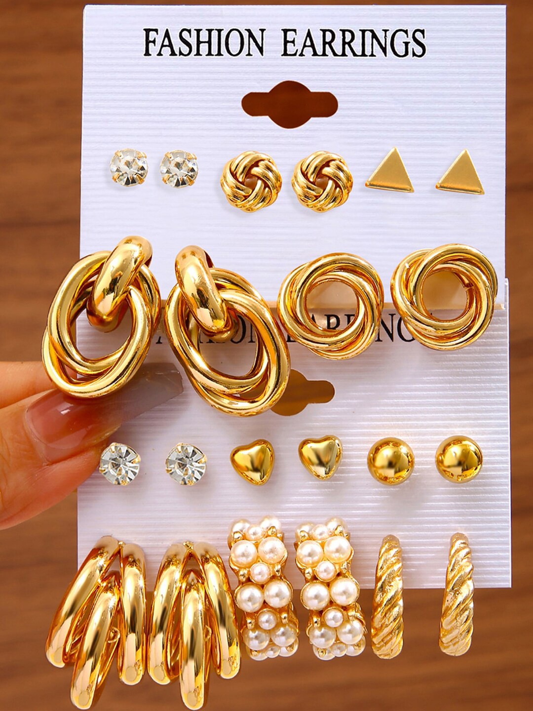 

Shining Diva Fashion Set Of 11 Gold-Plated Stone-Studded Beaded Studs & Hoop Earrings