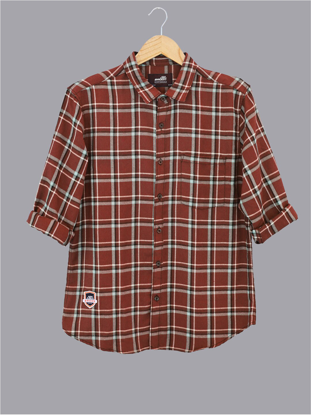 

Broon Slim Fit Tartan Checks Spread Collar Casual Shirt, Brown