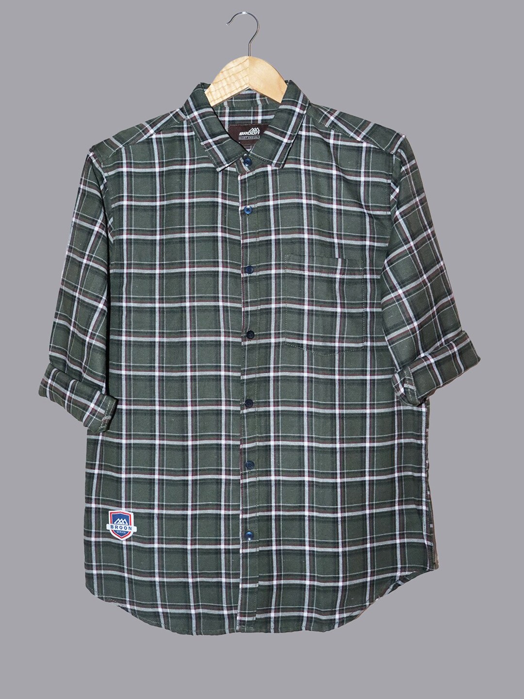 

Broon Slim Fit Tartan Checks Checked Casual Shirt, Olive