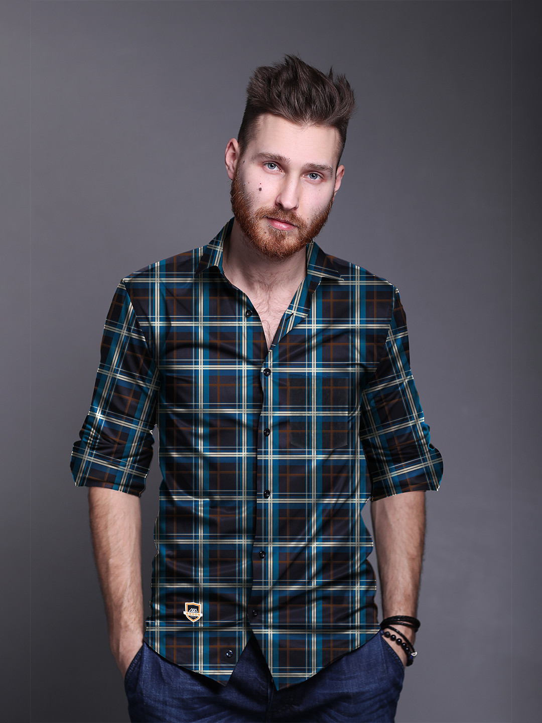 

Broon Tartan Checked Spread Collar Long Sleeves Cotton Shirt, Navy blue
