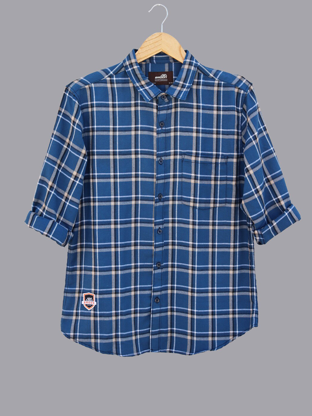 

Broon Checked Spread Collar Long Sleeves Cotton Slim Fit Shirt, Blue