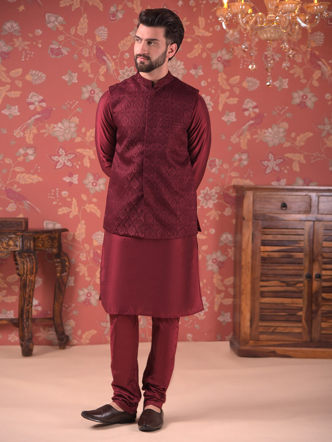 

House of Pataudi Straight Kurta With Churidar & Nehru Jacket, Maroon